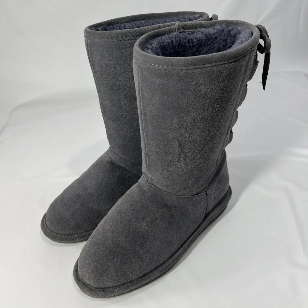 Bearpaw Youth 5 Gray Suede Shearling Lace Back Winter Boots Warm Lined Cozy‎